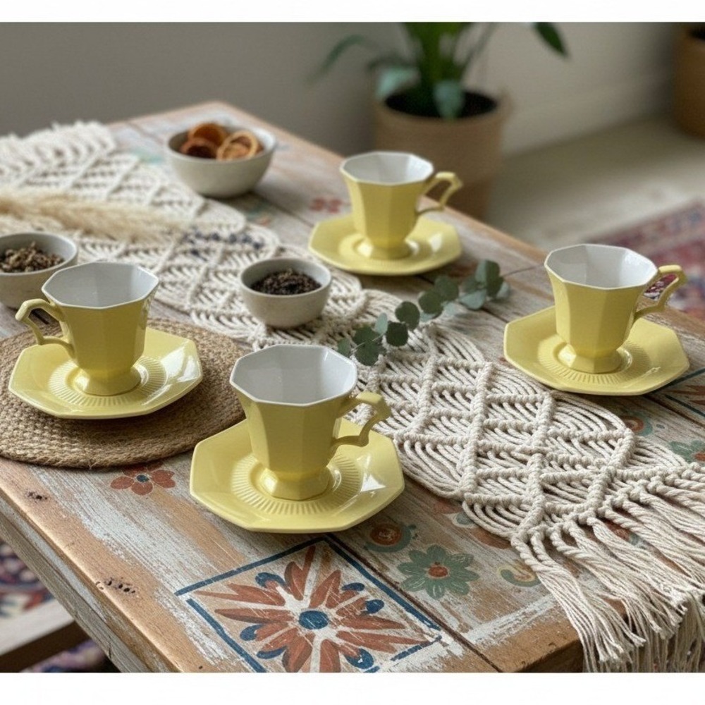 Lot 4 INDEPENDENCE IRONSTONE Interpace 6" Daffodil Octagonal Teacups Saucers *
